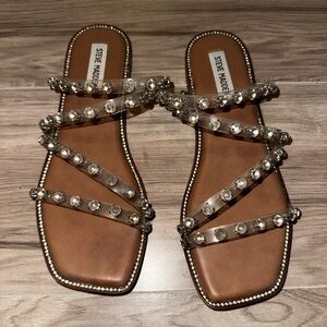Steve Madden Tan Footbed Sandals with Clear Crystal-Strap Embellishments
